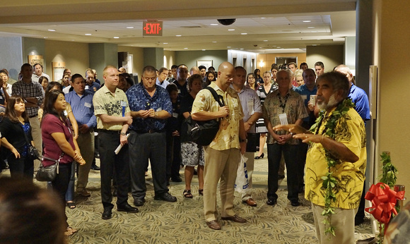 Respiratory Conference, September 2014.  Blessing and exhibit hall opening.  Kahu Aaron Mahi.  Lifescience Resources photo by Eric Tessmer.