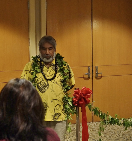 Respiratory Conference, September 2014.  Blessing and exhibit hall opening.  Kahu Aaron Mahi.  Lifescience Resources photo by Eric Tessmer.